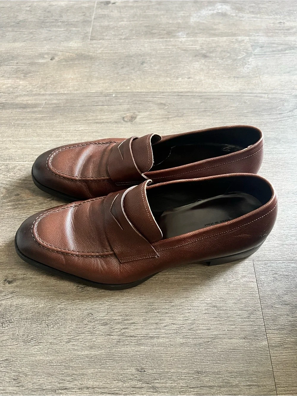 Giorgio Armani men’s penny loafers brown textured calf leather made in Italy